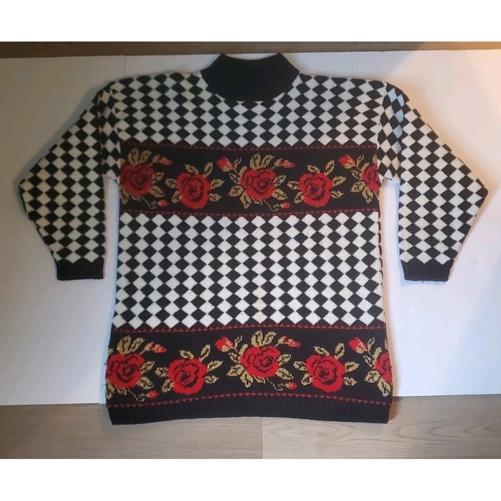 Trimmings Quirky Funky Sweater Checkered Roses Unisex Size M Made In USA